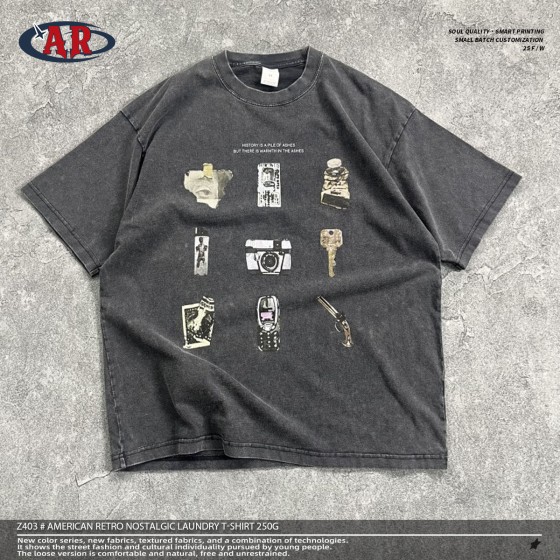 250gsm 100% Pure Cotton Acid Washed Loose Black Men's T-shirt, Retro and Nostalgic, Washed and Worn Short Sleeved