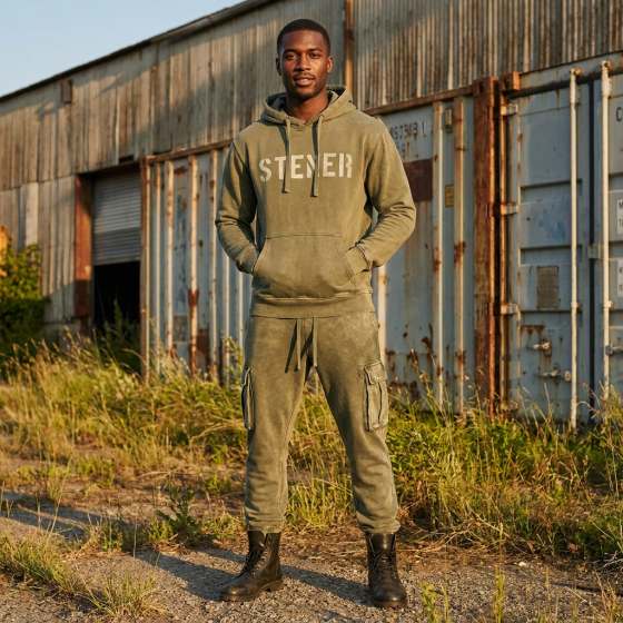 Workwear hooded sweatshirt set for men, trendy, loose and casual, customizable logo two-piece set
