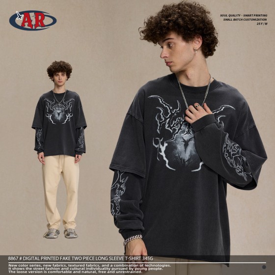 100% Pure Cotton 345g Men's Clothing Quark Two-piece Long Sleeved Digital Printed Fake Two-piece Long Sleeved T-shirt