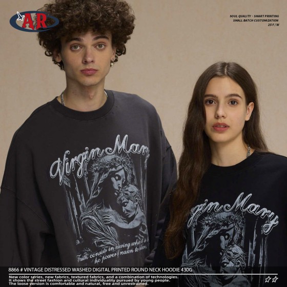 100% Cotton 305g Fashionable Men's Oversized Printed Design Fake Two-piece Splicing Printed Long Sleeved T-shirt