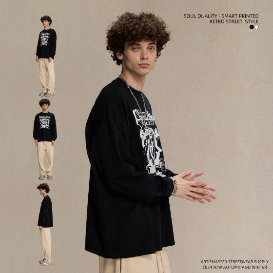 High Quality 305 Grams 100% Cotton Digital Printing 2 Colors Streetwear Long-sleeved Round-neck T-shirt