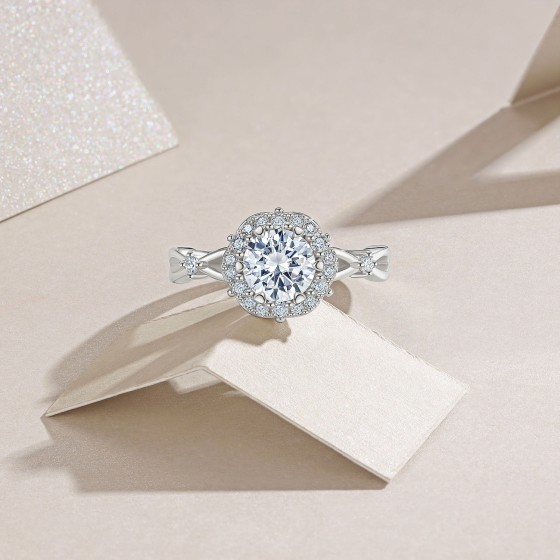 925 Sterling Silver Round Cut Moissanite Engagement Ring,,Twisted Shank with Side Stones VVS D Color Promise Ring for Women Wear