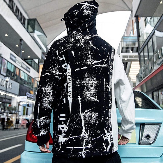 Men's Winter Hoodie 100% Cotton Patchwork Contrast Color Embroidered Oversized Breathable Sweatshirt Pullover Hip Hop
