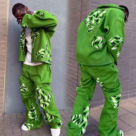 Hip Hop Streetwear Custom Oversized Polyester Cargo Tracksuit Set Unisex Two Piece Casual Stacked Joggers Set Men