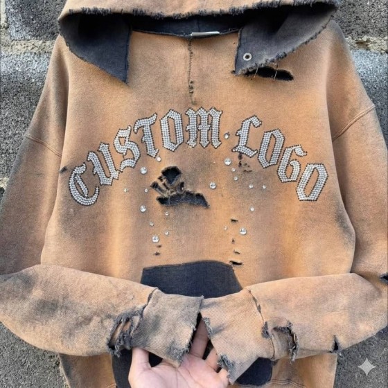 Men's High Street Dark Distressed Hoodie, Handmade Rips & Color Block, Retro Trendy