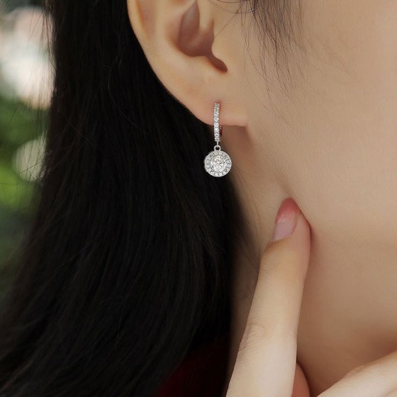 Elegant S925 Silver Moissanite Round Brilliant Cut Halo Drop Hoop Pavé Setting Daily Wear Versatile Minimalist Premium Earrings