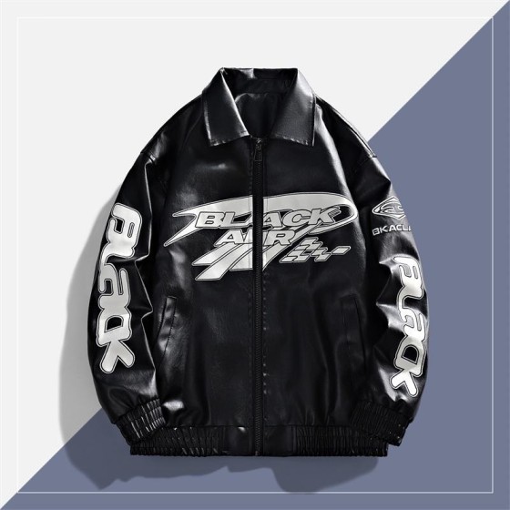 American-style Vintage Loose PU Motorcycle Jacket Men's Trendy Embroidered Windproof Hip Hop