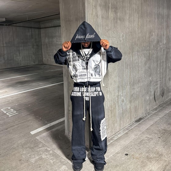 100% Cotton Streetwear Y2K Print Hoodie with Oversized Zip-Up Design Crafting Trendy Hip-Hop Retro Aesthetic Casual Set