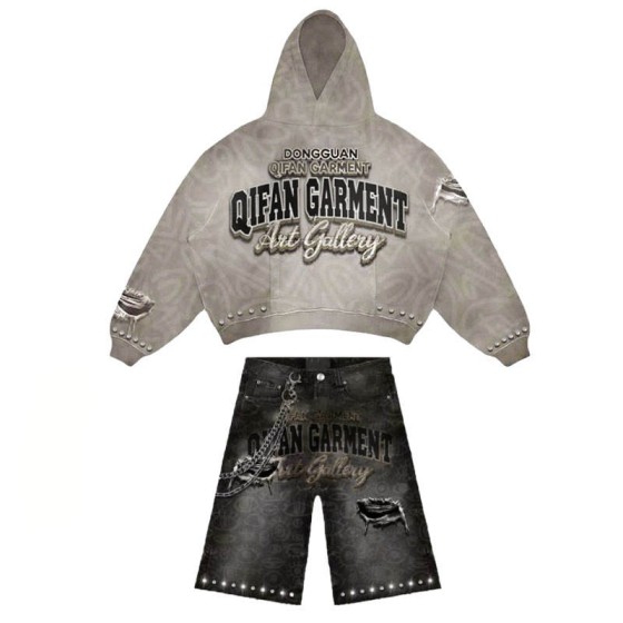 Hip Hop Style Men's Tracksuit Set Distressed Rhinestone Hoodie and Rivet Decorated Diamond Denim Shorts