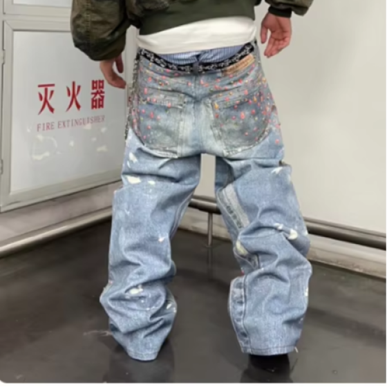 DiZNEW Men's Jeans Fashion Streetwear Hip Hop Straight Leg Jeans Boys Stretch Denim Loose Stretch Slim Jeans