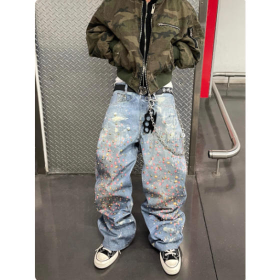 JL American-style High Street AC Vibe Straight Mid Waist Breathable Denim Hip Hop Autumn Niche Washed Distressed Floor-length